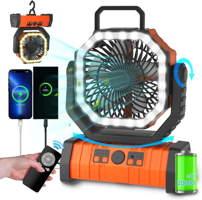 Adust Camping Fan - 20000mAh Battery Powered Fan Battery Operated Rechargeable Portable Outdoor Tent Fans with Hanging Hook, Cordless, 4 Speeds, Remote Control - Orange - Image 1